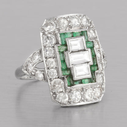 Antique Art Deco Platinum 900 Diamond Green Stone Cocktail Dinner Ring 1.90ctw