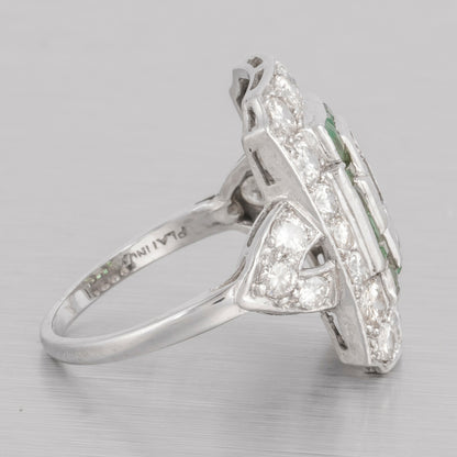 Antique Art Deco Platinum 900 Diamond Green Stone Cocktail Dinner Ring 1.90ctw