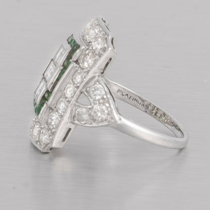Antique Art Deco Platinum 900 Diamond Green Stone Cocktail Dinner Ring 1.90ctw
