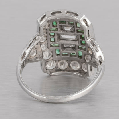 Antique Art Deco Platinum 900 Diamond Green Stone Cocktail Dinner Ring 1.90ctw