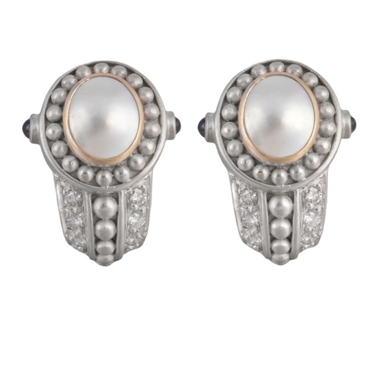 Judith Ripka 18k White Gold Cabochon Pearl Diamond & Sapphire Earrings 0.50ctw