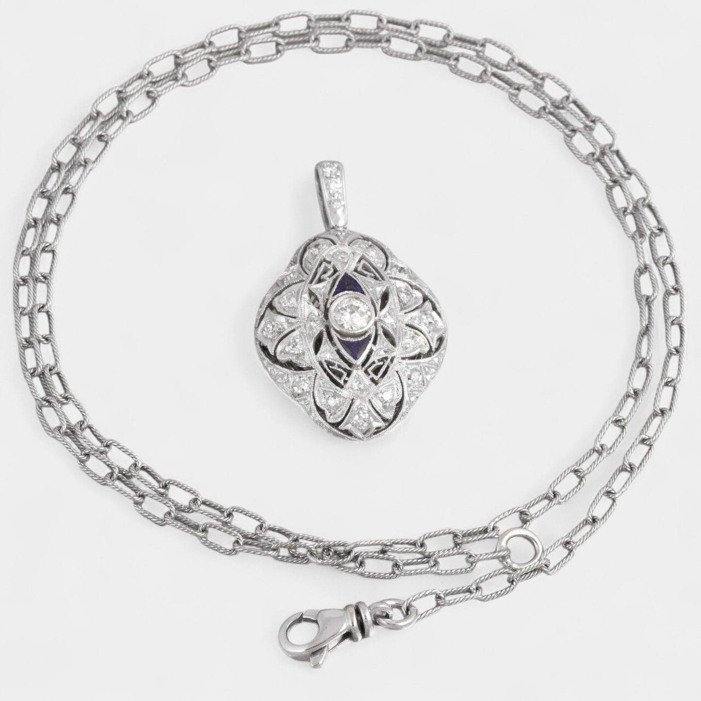 Antique Art Deco Platinum & 14k White Gold Diamond Ornate Pendant 0.45ctw 17.5"