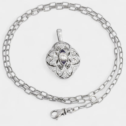 Antique Art Deco Platinum & 14k White Gold Diamond Ornate Pendant 0.45ctw 17.5"