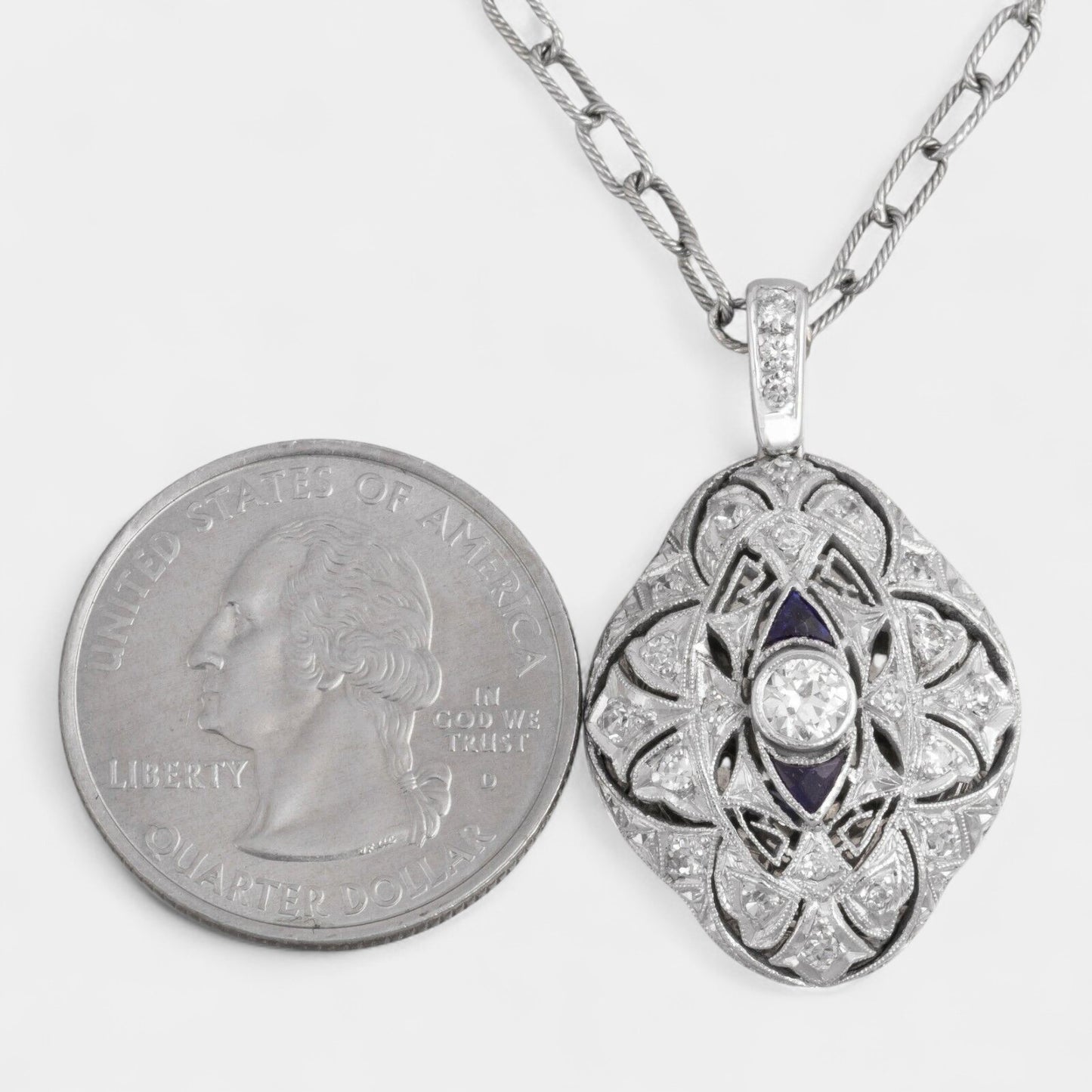 Antique Art Deco Platinum & 14k White Gold Diamond Ornate Pendant 0.45ctw 17.5"