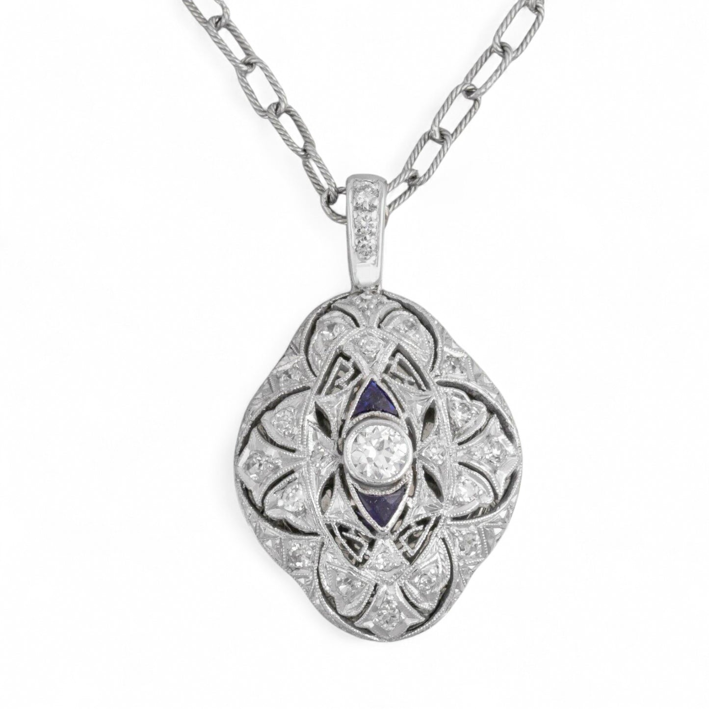 Antique Art Deco Platinum & 14k White Gold Diamond Ornate Pendant 0.45ctw 17.5"