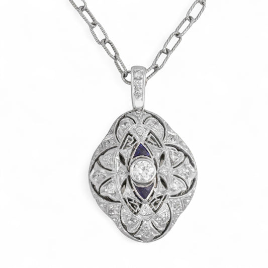 Antique Art Deco Platinum & 14k White Gold Diamond Ornate Pendant 0.45ctw 17.5"