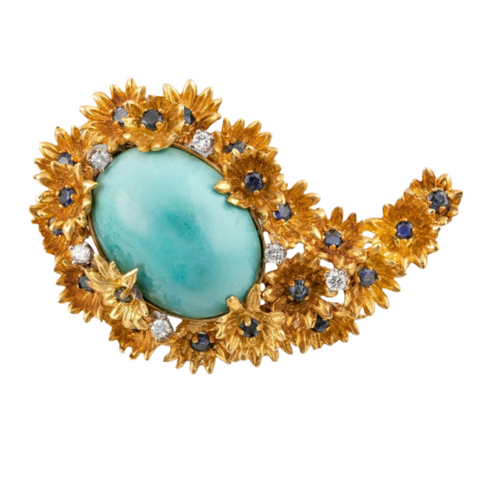 Boris Le Beau 18k Yellow Gold Sapphire Diamond Turquoise Flower Brooch Pin RARE
