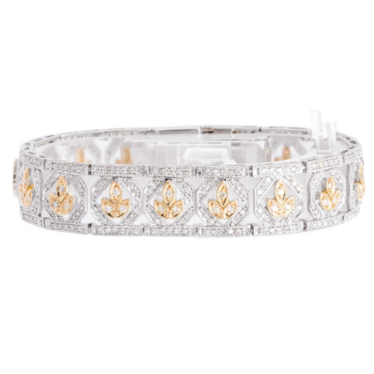 14k White & Yellow Gold 5.20ctw Diamond Leaf Motif Cocktail Bracelet 7.00" 29.8g