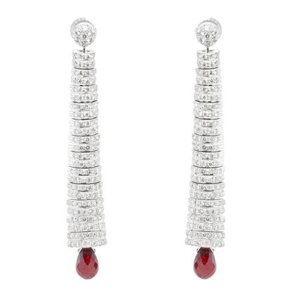 18k White Gold Earrings Caterpillar Diamond & Dangling Briolette Garnet 3.00ctw