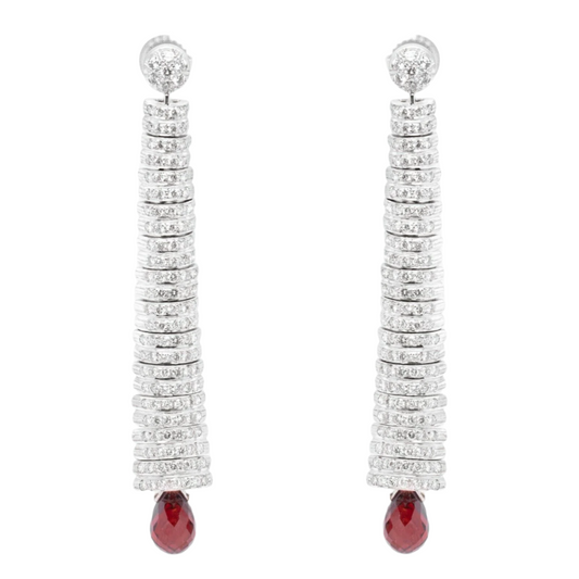 18k White Gold Earrings Caterpillar Diamond & Dangling Briolette Garnet 3.00ctw