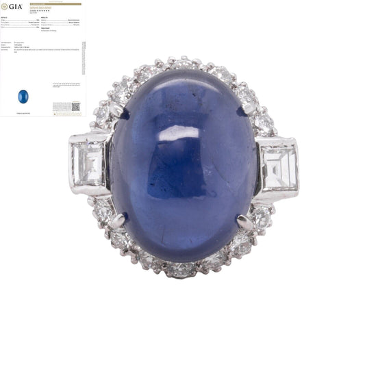 GIA Sri Lankan Oval Cabochon Sapphire & Diamond Halo 14k White Gold Ring 1.50ctw