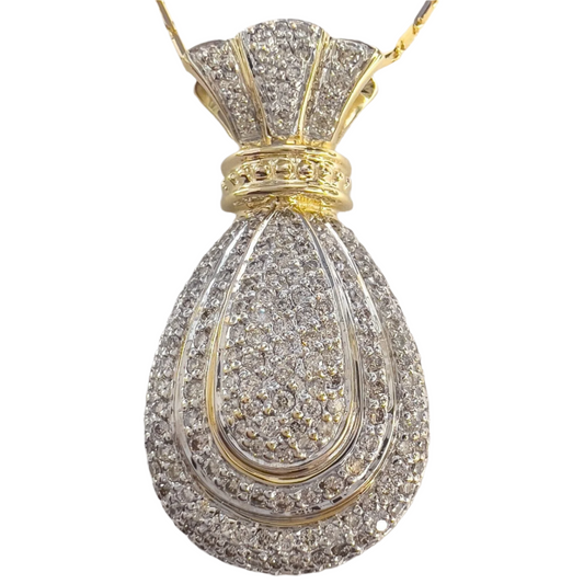 14k White & Yellow Gold Diamond Tiered Purse Pouch Sack Pendant 1.00ctw 18"
