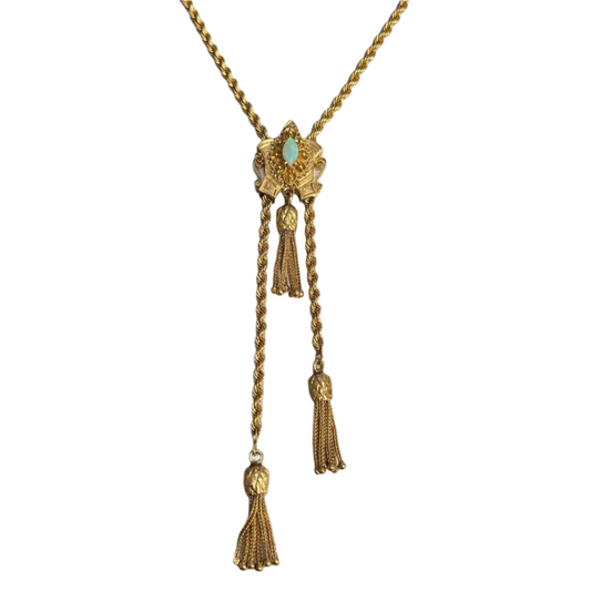 Antique Victorian 14k Gold Marquise Opal Dangling Tassel Slider Necklace 24" 36g