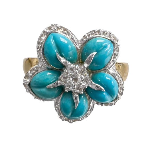 14k Yellow & White Gold Flower Turquoise Cubic Zirconia Cocktail Ring Size 9