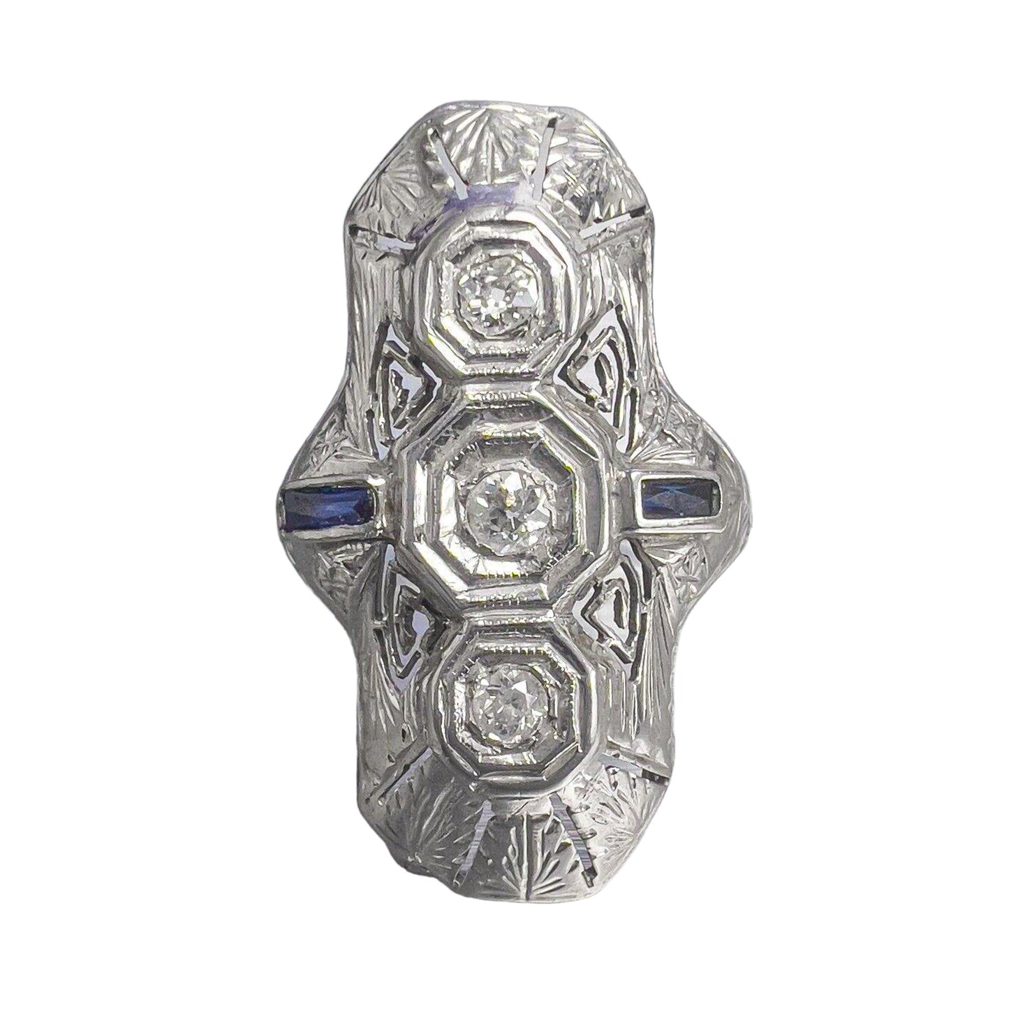 Antique Art Deco 18k White Gold Diamond .10ct Sapphire Cocktail Ring 0.15ctw sz6