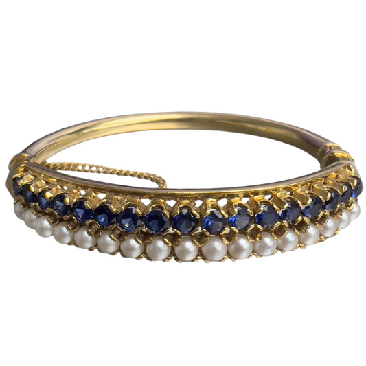 Antique Victorian 14k Yellow Gold Pearl Sapphire Hinged Bangle Bracelet 6.5"