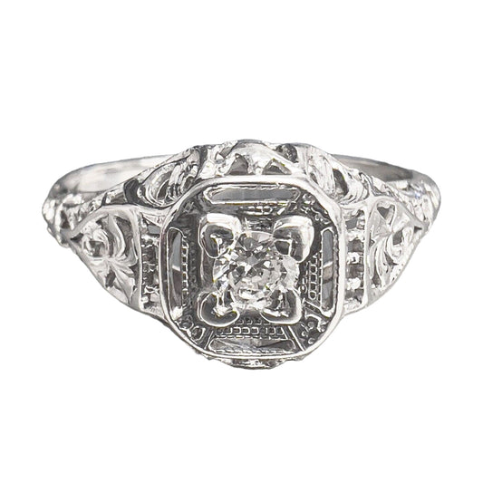 Antique Art Deco 18k White Gold Diamond Solitaire Ring 0.10ct G VS2 sz 7.25