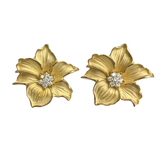 18k Yellow Gold Diamond Peach Blossom Flower Omega Back Earrings 0.50ctw 21.3g
