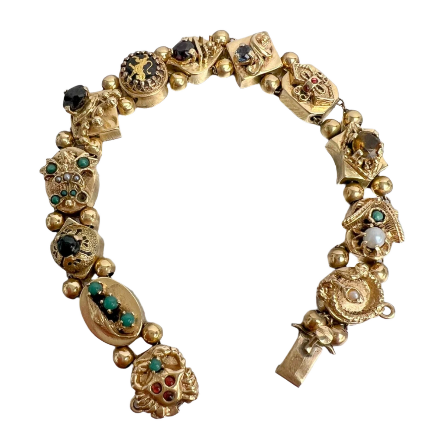 Vintage 14k Yellow Gold Pearl & Gemstones Lion Snake Crown Charm Bracelet 30g