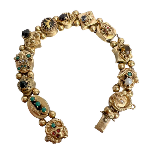 Vintage 14k Yellow Gold Pearl & Gemstones Lion Snake Crown Charm Bracelet 30g