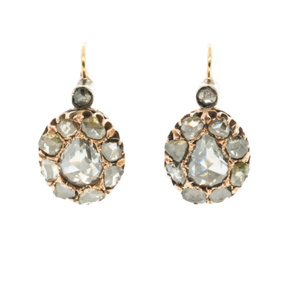 Antique 1800s 9k Yellow White & Rose Gold Rose Cut Diamond Cluster Earrings 3ctw