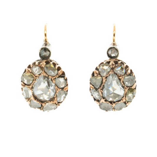 Antique 1800s 9k Yellow White & Rose Gold Rose Cut Diamond Cluster Earrings 3ctw