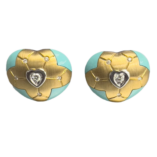 18k Yellow Gold Turquoise Diamond Heart Clip-On / Omega Back Earrings 21.2g