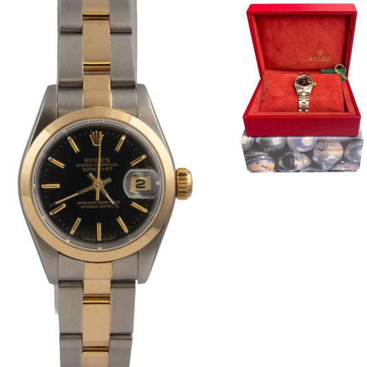 1997 Rolex Datejust 69163 18k Gold & Steel Black 26mm Ladies Watch BOX & TAG