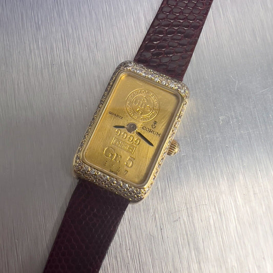 Corum 5 Gram Ingot 24k & 18k Yellow Gold Diamond Case Leather Strap Ladies Watch