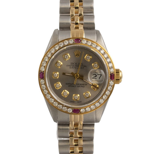 1983 Rolex DateJust 6917 Steel & 18k Gold Silver Diamond Ruby Bezel 26mm Watch