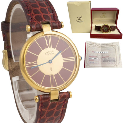 1986 Must de Cartier #17 925 Gold Vermeil Red Strap Cal 81 30mm Watch BOX PAPERS