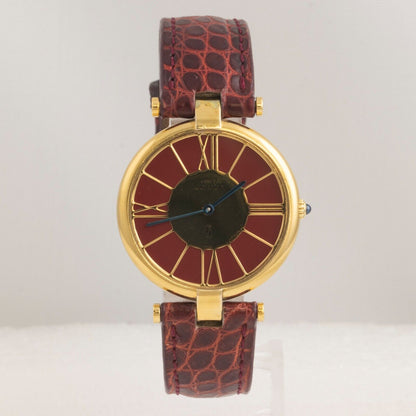 1986 Must de Cartier #17 925 Gold Vermeil Red Strap Cal 81 30mm Watch BOX PAPERS