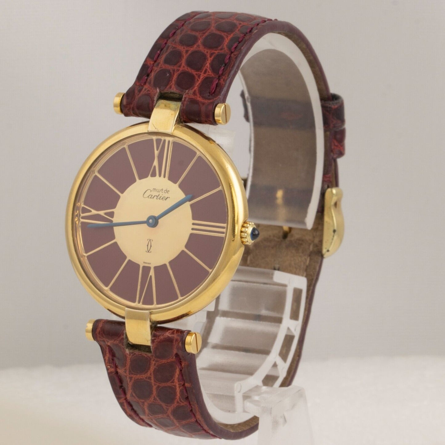 1986 Must de Cartier #17 925 Gold Vermeil Red Strap Cal 81 30mm Watch BOX PAPERS