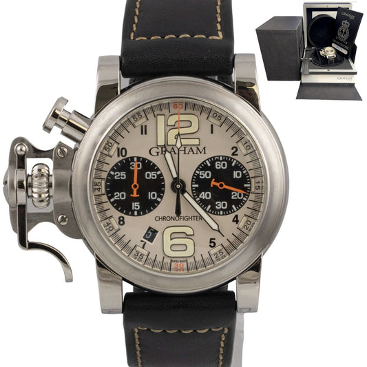 Graham Chronofighter RAC 2CRBS Silver Dial Black Leather 43mm Watch BOX PAPERS