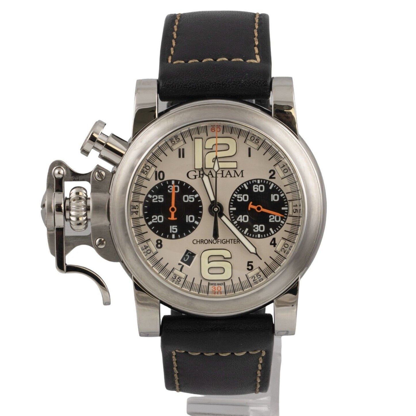 Graham Chronofighter RAC 2CRBS Silver Dial Black Leather 43mm Watch BOX PAPERS