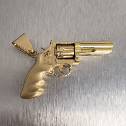 14k Yellow Gold 3D .357 Magnum Revolver Pistol w/ Moving Cylinder Pendant 34.9g