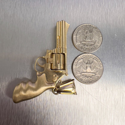 14k Yellow Gold 3D .357 Magnum Revolver Pistol w/ Moving Cylinder Pendant 34.9g