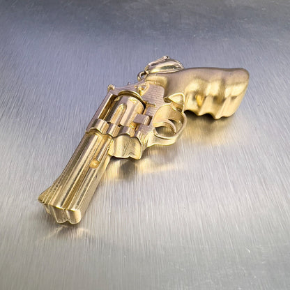 14k Yellow Gold 3D .357 Magnum Revolver Pistol w/ Moving Cylinder Pendant 34.9g