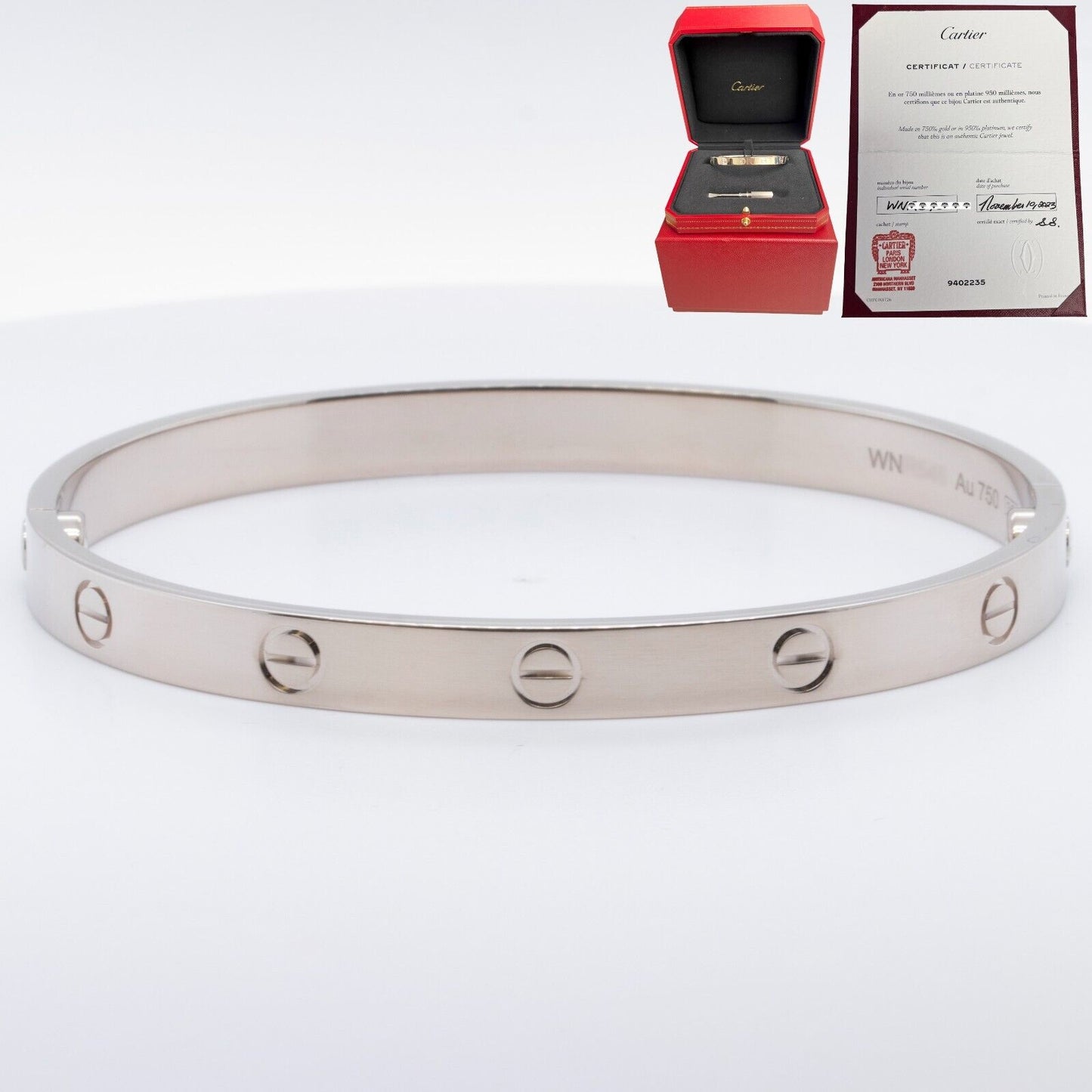 2024 NEW STYLE Cartier Love 18k White Gold Bangle Bracelet Size 19 BOX & CERT