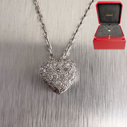 Cartier 18k White Gold Diamond Pave 10mm Heart Pendant Necklace 16" BOX & CERT