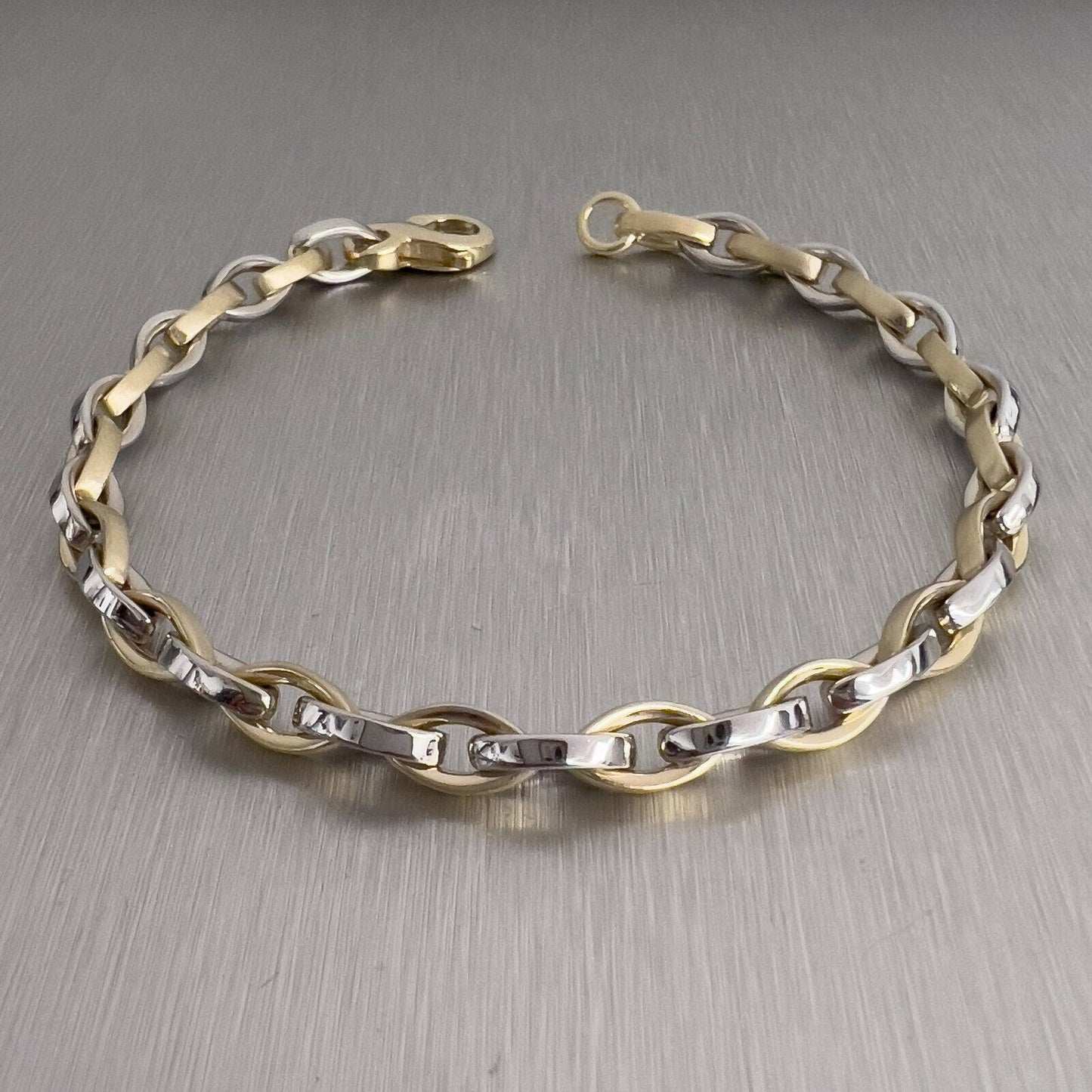 14k White & Yellow Gold Two Tone Fancy Marquise Link Chain Bracelet 8" 19.6g