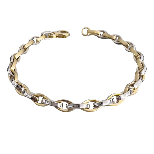 14k White & Yellow Gold Two Tone Fancy Marquise Link Chain Bracelet 8" 19.6g