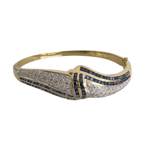 18k Yellow Gold Pave Diamond & French Cut Sapphire Hinged Bangle Bracelet 6.5"