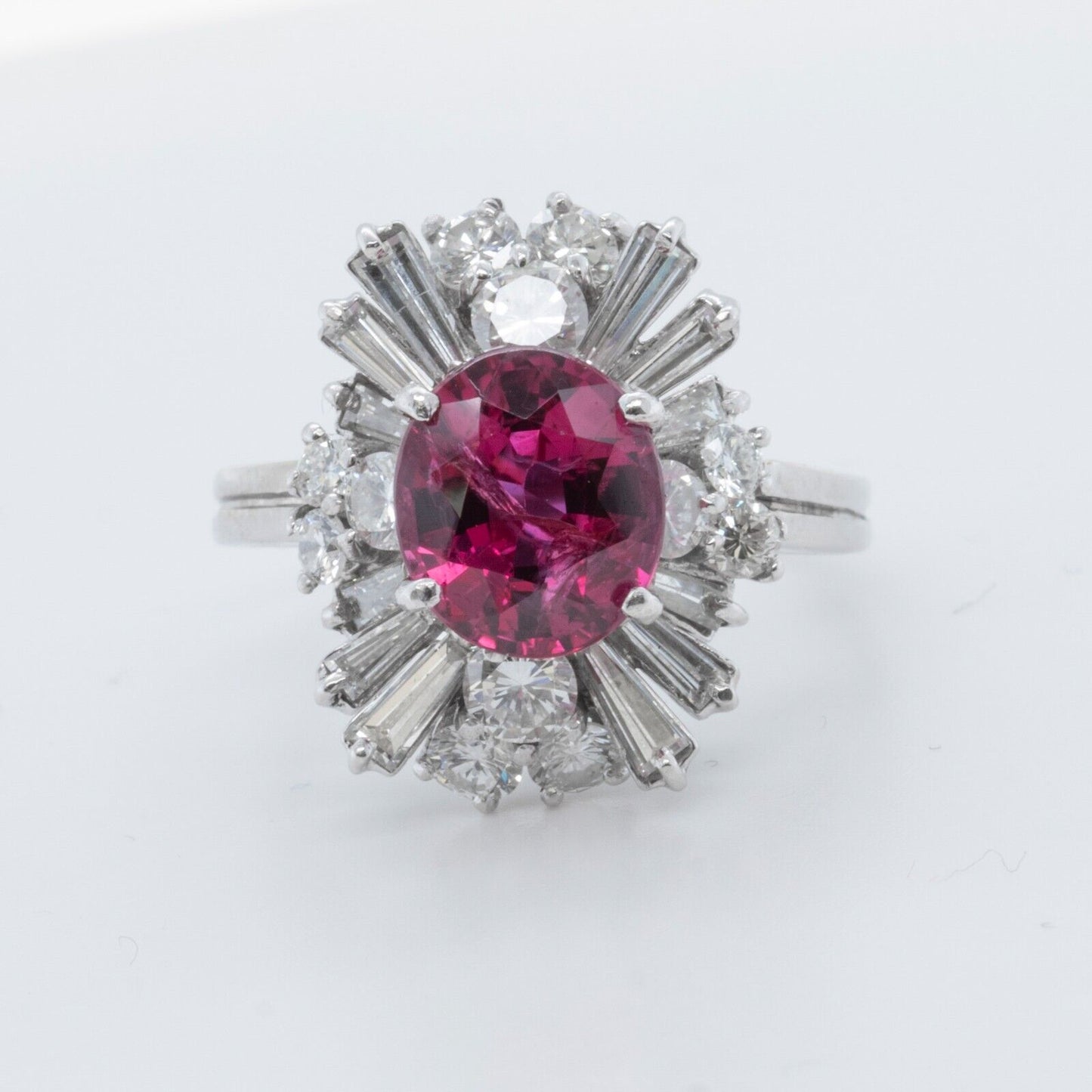 18k White Gold GIA 2.46ct Oval Ruby & Baguette Diamond Ballerina Ring 0.65ctw s6