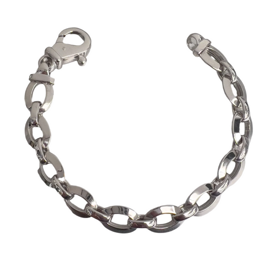 18k White Gold Chunky Oval Semi-Hollow Link 10mm Bracelet w/ Diamond Lock 8.25"