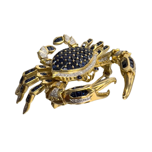 18k Yellow Gold 0.30ctw Diamond & 3.00ctw Sapphire 3D Animated Crab Brooch Pin