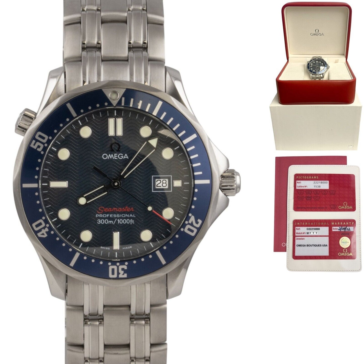 Omega Seamaster Pro James Bond Blue Wave 41mm Watch 2221.80.00 BOX + PAPERS
