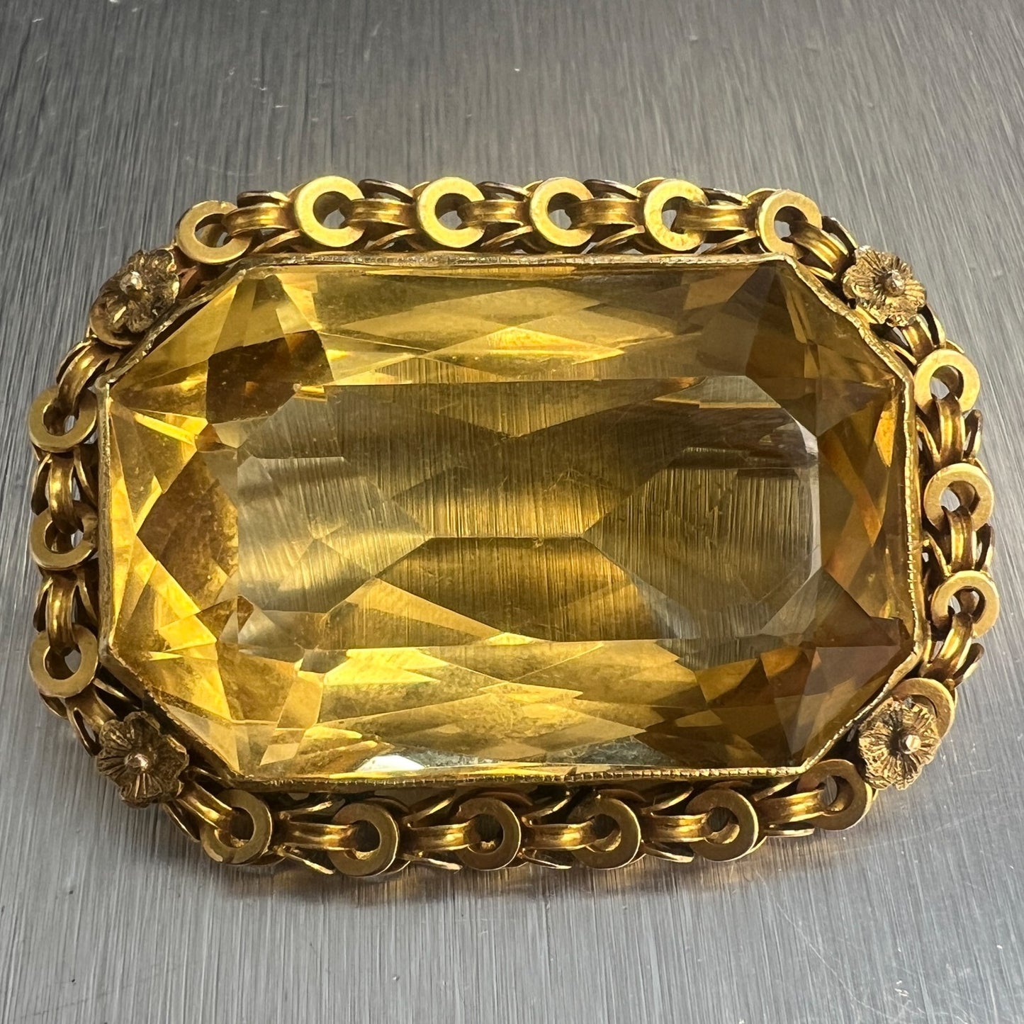 Vintage 14k Yellow Gold Octagonal Step Cut Citrine Brooch / Pin 50-100CTW