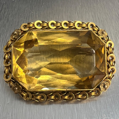 Vintage 14k Yellow Gold Octagonal Step Cut Citrine Brooch / Pin 50-100CTW