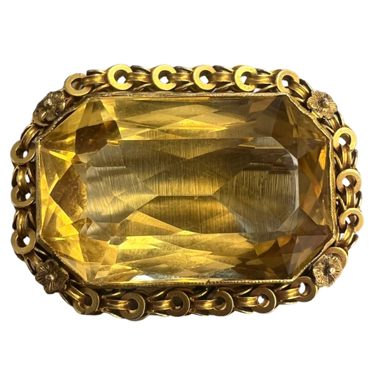 Vintage 14k Yellow Gold Octagonal Step Cut Citrine Brooch / Pin 50-100CTW